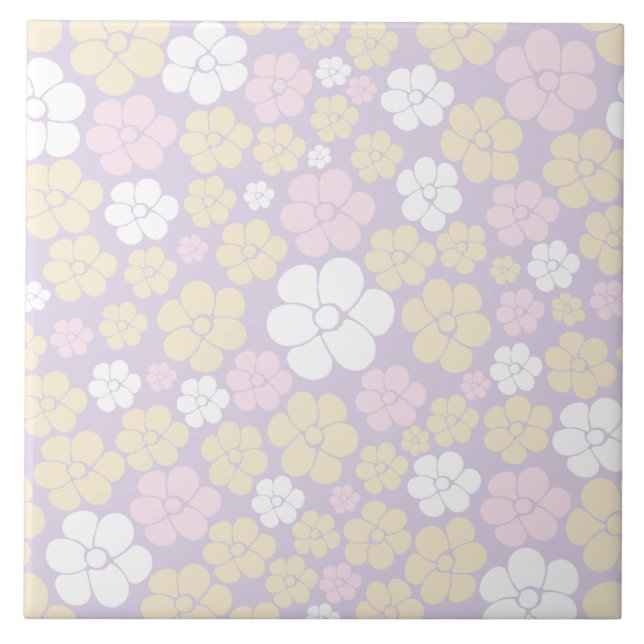 Flower Pattern - Pastel Pink, Yellow and Purple Tile (Front)