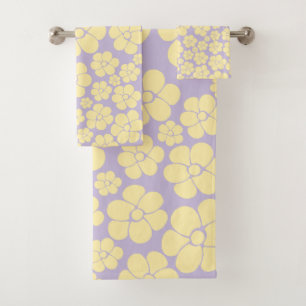 Flower Pattern - Pastel Yellow and Purple Bath Towel Set