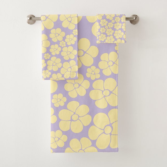 Flower Pattern - Pastel Yellow and Purple Bath Towel Set (Insitu)