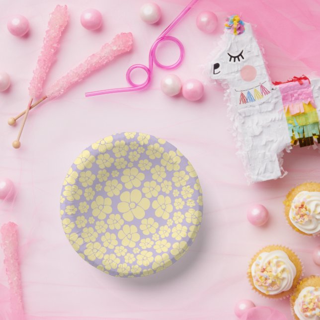 Flower Pattern - Pastel Yellow and Purple Paper Plate (Party)