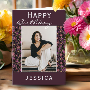 Flower Pattern Photo Birthday Card