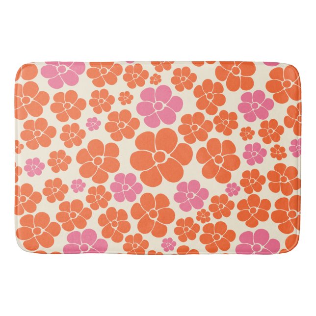 Flower Pattern - Pink, Orange and Cream Bath Mat (Front)