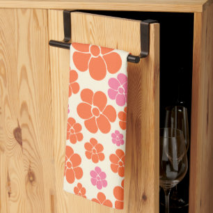 Flower Pattern - Pink, Orange and Cream Tea Towel