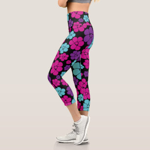 Flower Pattern - Pink, Purple, Blue and Black Capri Leggings