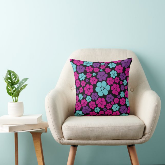 Flower Pattern - Pink, Purple, Blue and Black Cushion (Chair)