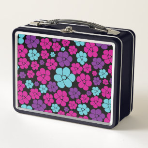 Flower Pattern - Pink, Purple, Blue and Black Metal Lunch Box