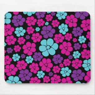Flower Pattern - Pink, Purple, Blue and Black Mouse Mat