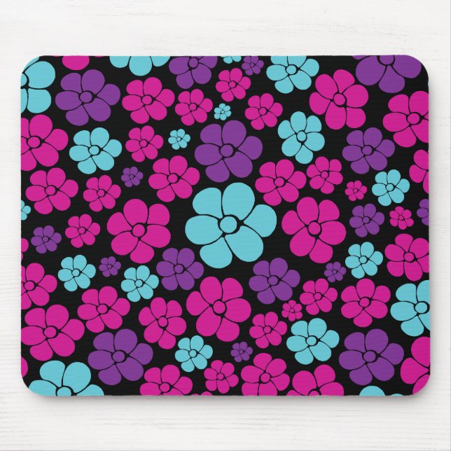 Flower Pattern - Pink, Purple, Blue and Black Mouse Mat (Front)