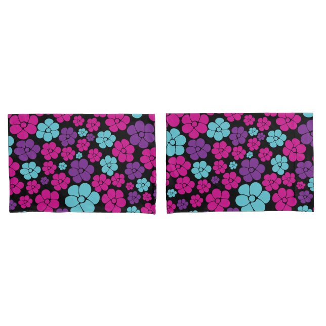 Flower Pattern - Pink, Purple, Blue and Black Pillowcase (Front-Set)