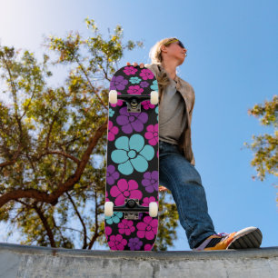 Flower Pattern - Pink, Purple, Blue and Black Skateboard