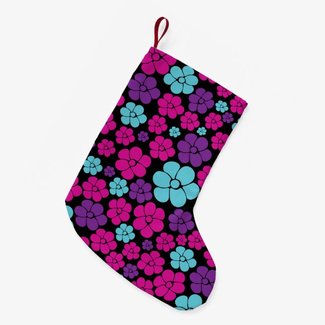 Flower Pattern - Pink, Purple, Blue and Black Small Christmas Stocking (Front (Hanging))