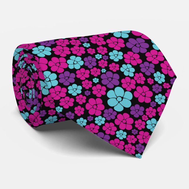 Flower Pattern - Pink, Purple, Blue and Black Tie (Rolled)