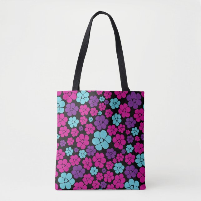 Flower Pattern - Pink, Purple, Blue and Black Tote Bag (Front)