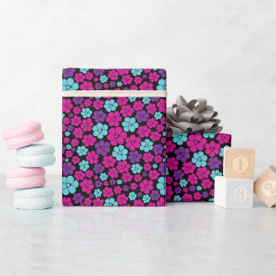 Flower Pattern - Pink, Purple, Blue and Black Wrapping Paper