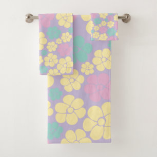 Flower Pattern - Pink, Yellow, Purple and Green Bath Towel Set