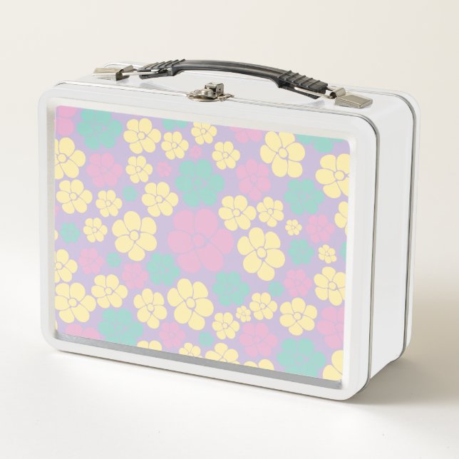 Flower Pattern - Pink, Yellow, Purple and Green Metal Lunch Box (Front)