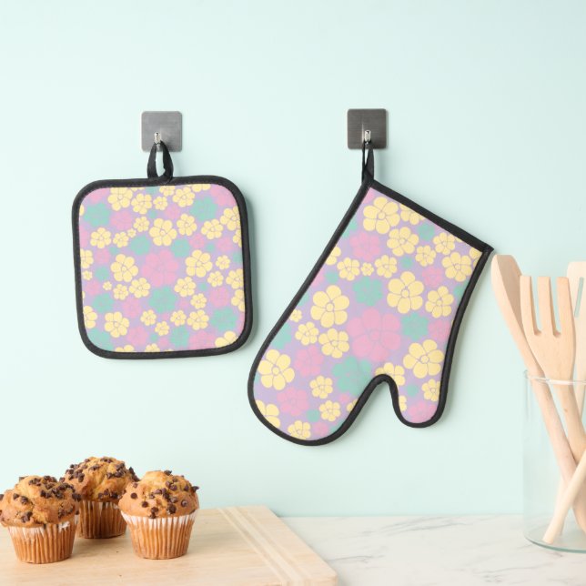 Flower Pattern - Pink, Yellow, Purple and Green Oven Mitt & Pot Holder Set (Insitu(Hanging))