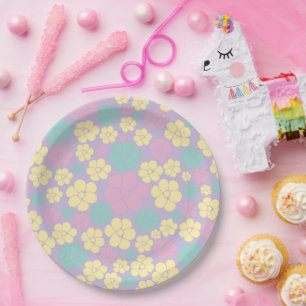 Flower Pattern - Pink, Yellow, Purple and Green Paper Plate