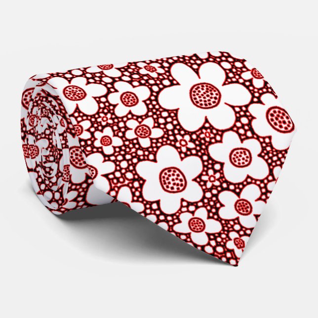 Flower Pattern - Red, Black and White Tie (Rolled)