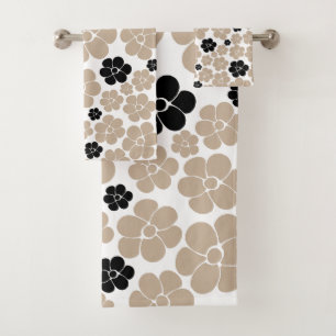 Flower Pattern - Taupe, Black and White Bath Towel Set