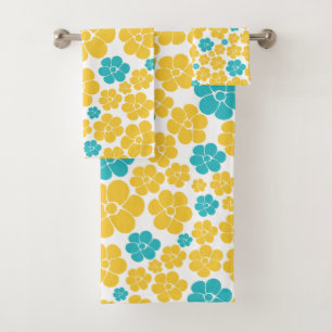 Flower Pattern - Turquoise and Yellow Bath Towel Set