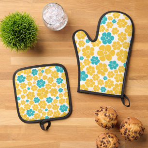 Flower Pattern - Turquoise and Yellow Oven Mitt & Pot Holder Set