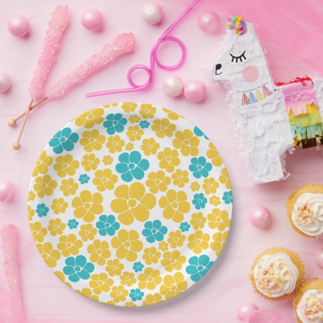 Flower Pattern - Turquoise and Yellow Paper Plate (Party)