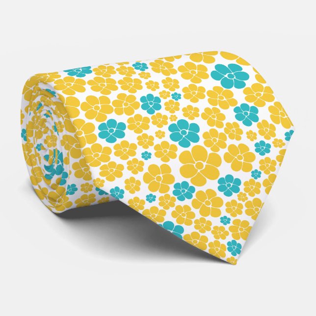Flower Pattern - Turquoise and Yellow Tie (Rolled)