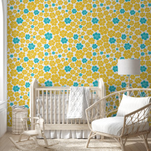 Flower Pattern - Turquoise and Yellow Wallpaper