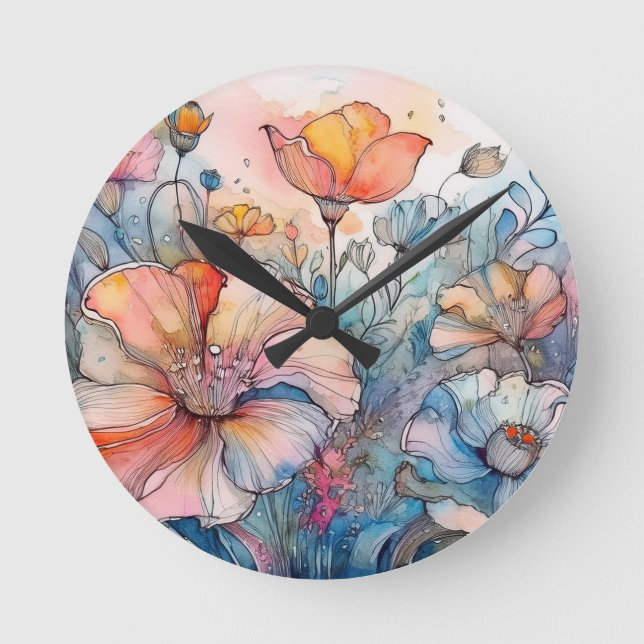 Flower Pattern Watercolor Round Clock (Front)