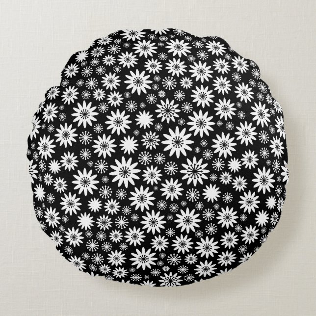 Flower Pattern - White and Black Round Cushion (Front)