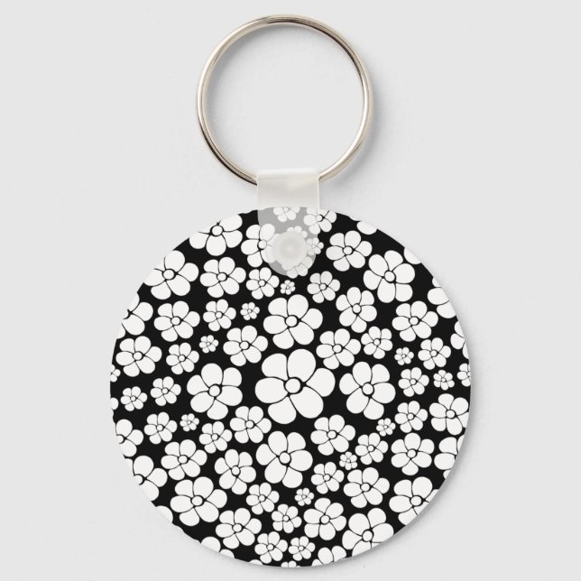Flower Pattern - White on Black Key Ring (Front)
