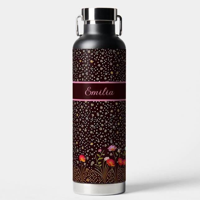 Flower pattern with flower meadow on the edge water bottle (Front)