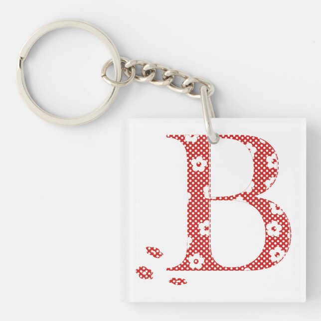 flower Patterned Letter B(red & dots) Key Ring (Front)