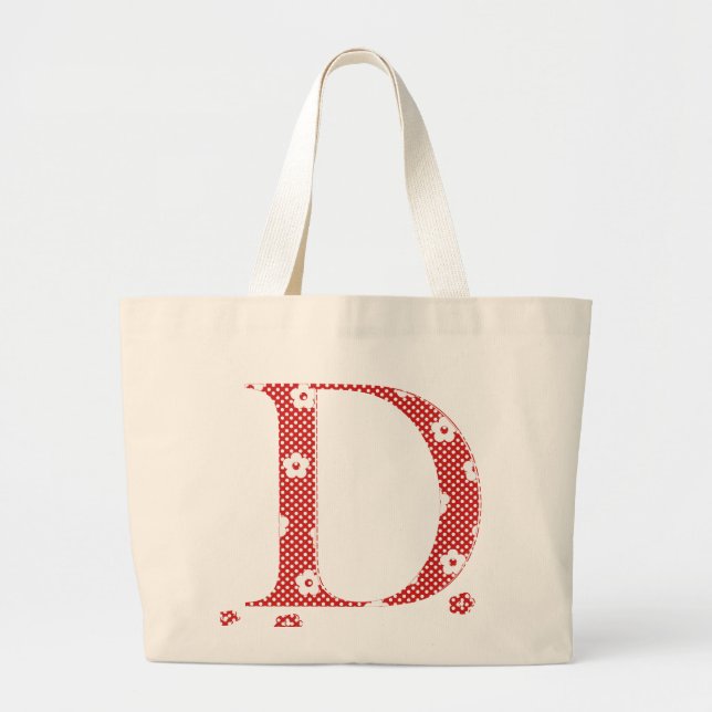 flower Patterned Letter D (red & dots) Large Tote Bag (Front)
