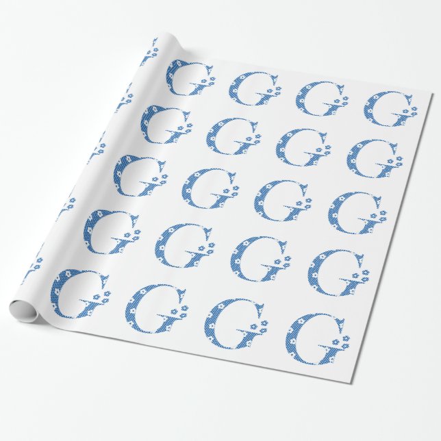 flower Patterned Letter G(blue & dots) Wrapping Paper (Unrolled)