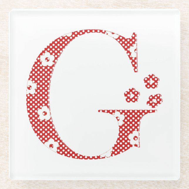 Flower Patterned Letter G (red) Glass Coaster (Front)