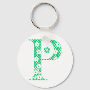 flower Patterned Letter P (green & dots) Key Ring