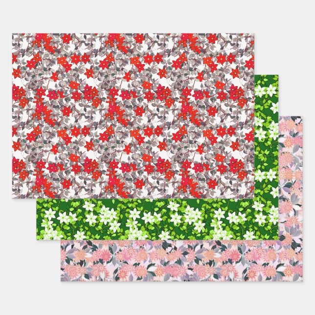 Flower Patterns, Red, Pink and Grey, White & Green Wrapping Paper Sheet (Set)