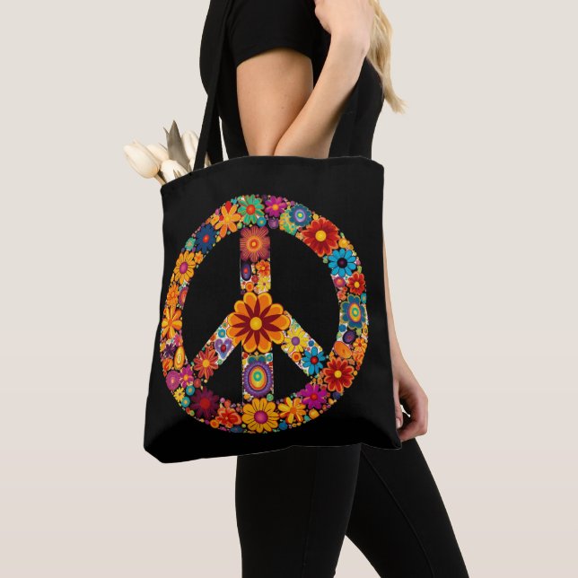 Flower Peace Sign Retro Hippy Tote Bag (Close Up)