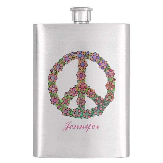 Flower Peace Sign Symbol Personalised Hip Flask (Front)