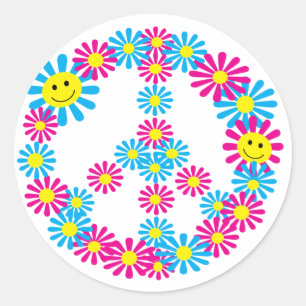 Flower Peace Sign w Faces Classic Round Sticker