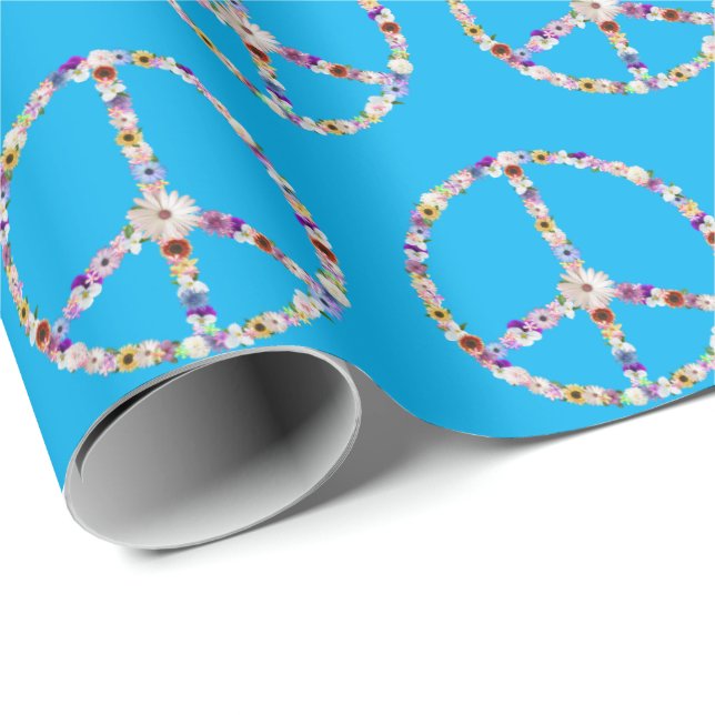 Flower Peace Signs On Aqua Wrapping Paper (Roll Corner)