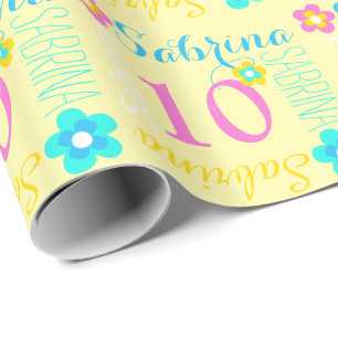 Flower personalised name age 10th birthday wrap wrapping paper