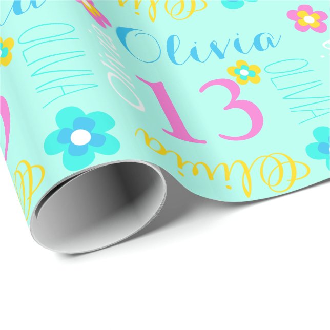 Flower personalised name age 13th birthday wrap wrapping paper (Roll Corner)