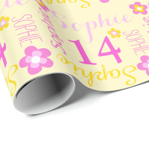 Flower personalised name age 14th birthday wrap wrapping paper