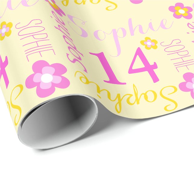 Flower personalised name age 14th birthday wrap wrapping paper (Roll Corner)