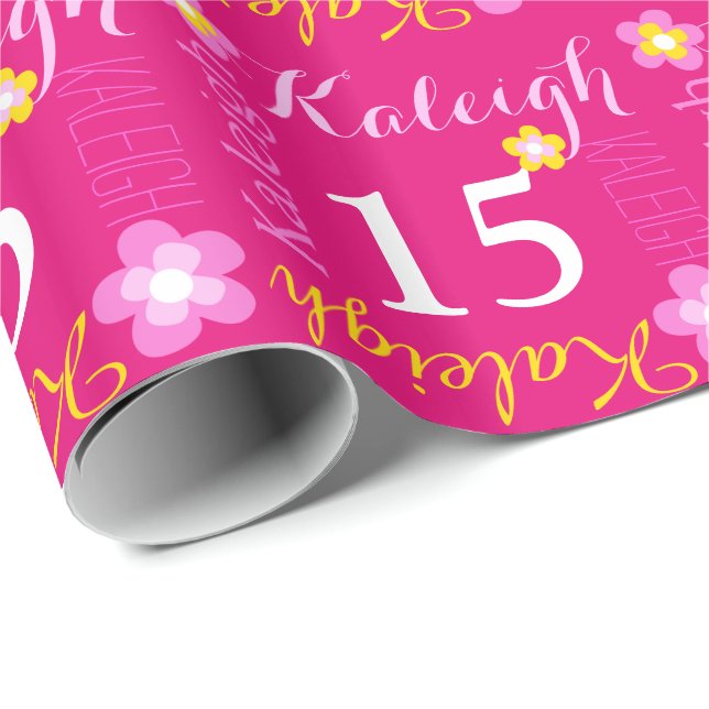 Flower personalised name age 15th birthday wrap wrapping paper (Roll Corner)