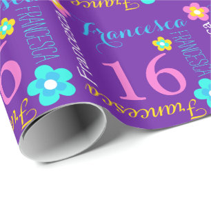 Flower personalised name age 16th birthday wrap wrapping paper
