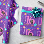 Flower personalised name age 16th birthday wrap wrapping paper<br><div class="desc">Modern text and flower design personalised age birthday girls gift wrapping paper, featuring graphic flowers and your own nine letter name in purple, pink, white and yellow. Personalise with your own name (please note not all names will fit due to the nature of the font) and age, currently reads Francesca...</div>